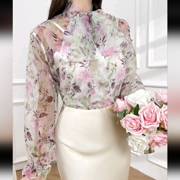 Ladies' Elegant Floral Print Tie Neckline Blouse For Spring And Autumn - Picture 5 of 5